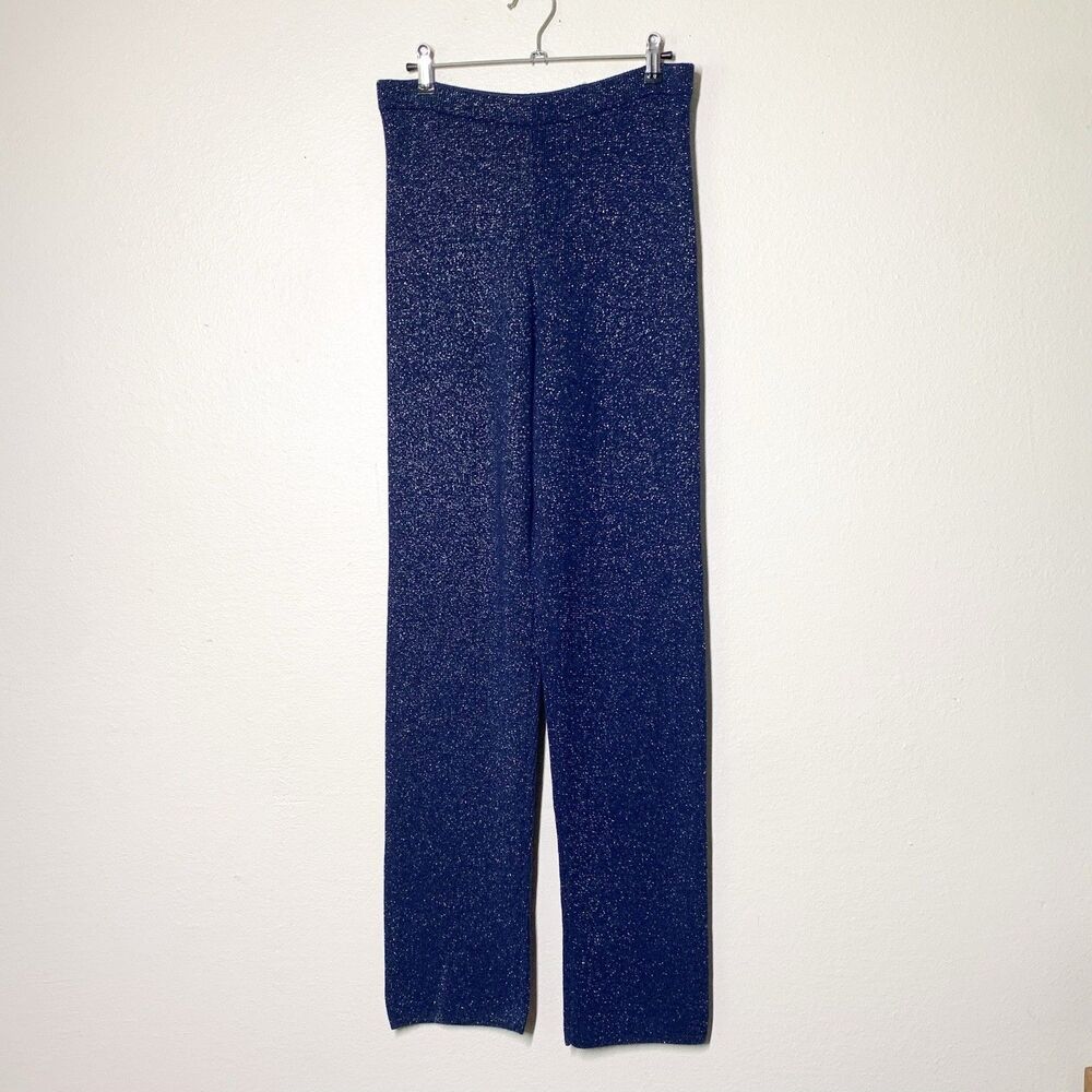 Leset Zoe Lurex Straight Leg Pants S Navy Blue Wool Cashmere Blend Knit Pull On